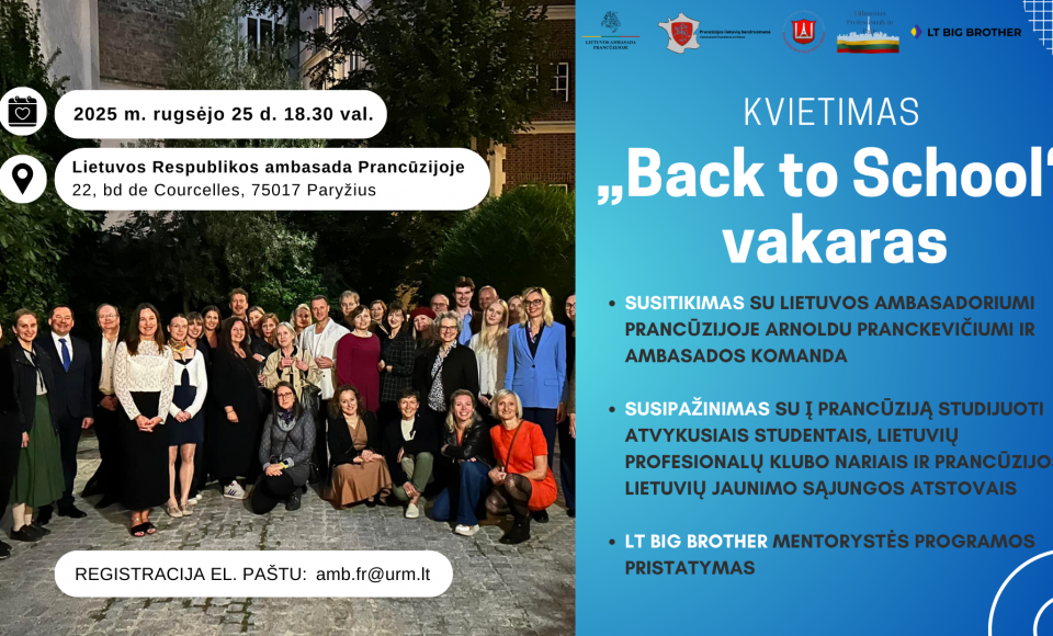 Kvietimas į „Back to School“ vakarą Lietuvos ambasadoje Prancūzijoje 2025 m. rugsėjo 25 d.